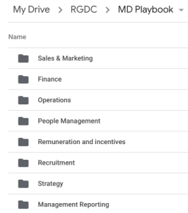 Google Drive folder listing MD Playbook sub-folders for finance, recruitment, strategy and operations