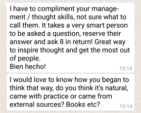 WhatsApp messages from a founder thanking Richard for his questioning and coaching style