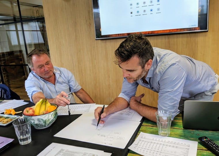 Richard Gregory and Nick Jaspan sketching the AgencyNXD platform on paper in a meeting room