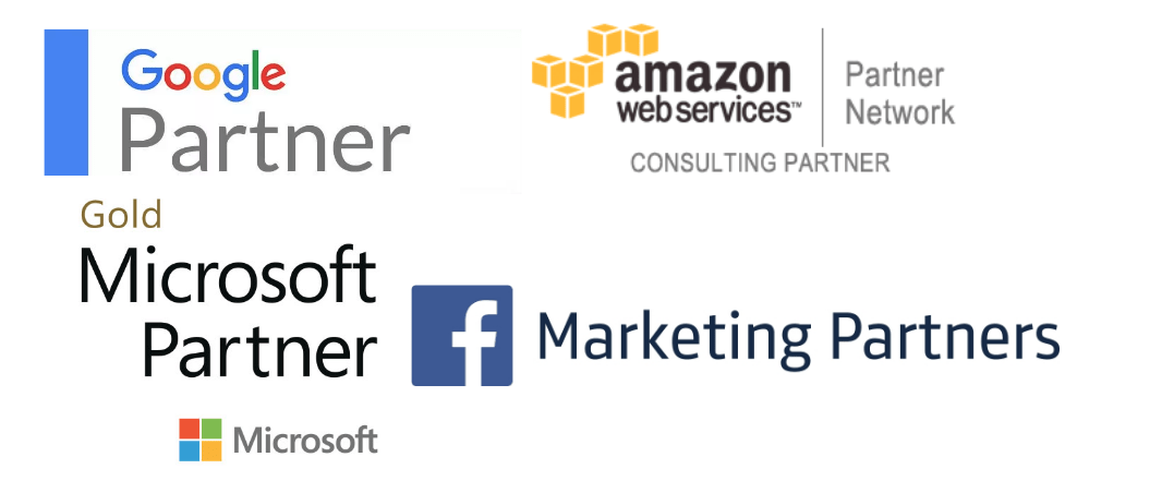 Logos of Google Partner, AWS Partner Network, Microsoft Gold Partner and Facebook Marketing Partners